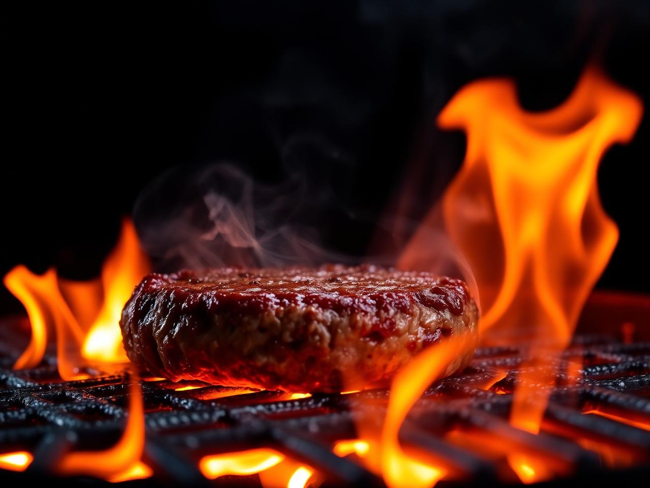 Beef patty flame-grilling over open fire